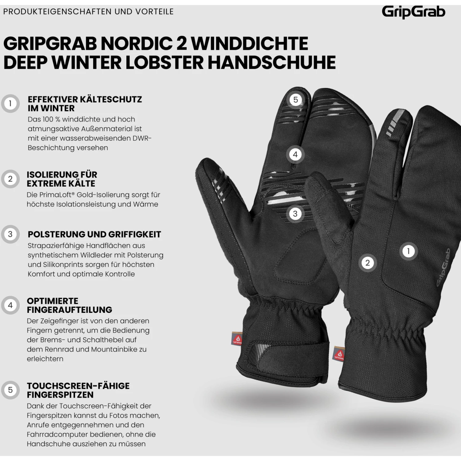 GripGrab Nordic 2 Winddichte Deep Winter Lobster Handschuhe - Schwarz 12 GripGrab Nordic 2 Winddichte Deep Winter Lobster Handschuhe - Schwarz – Bild 10