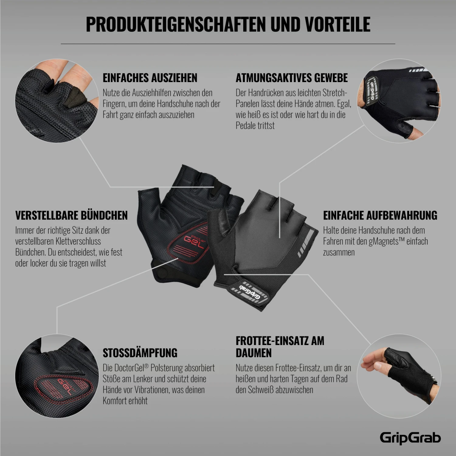 GripGrab ProGel Gepolsterter Kurzfinger Handschuhe - Black 10 GripGrab ProGel Gepolsterter Kurzfinger Handschuhe - Black – Bild 8