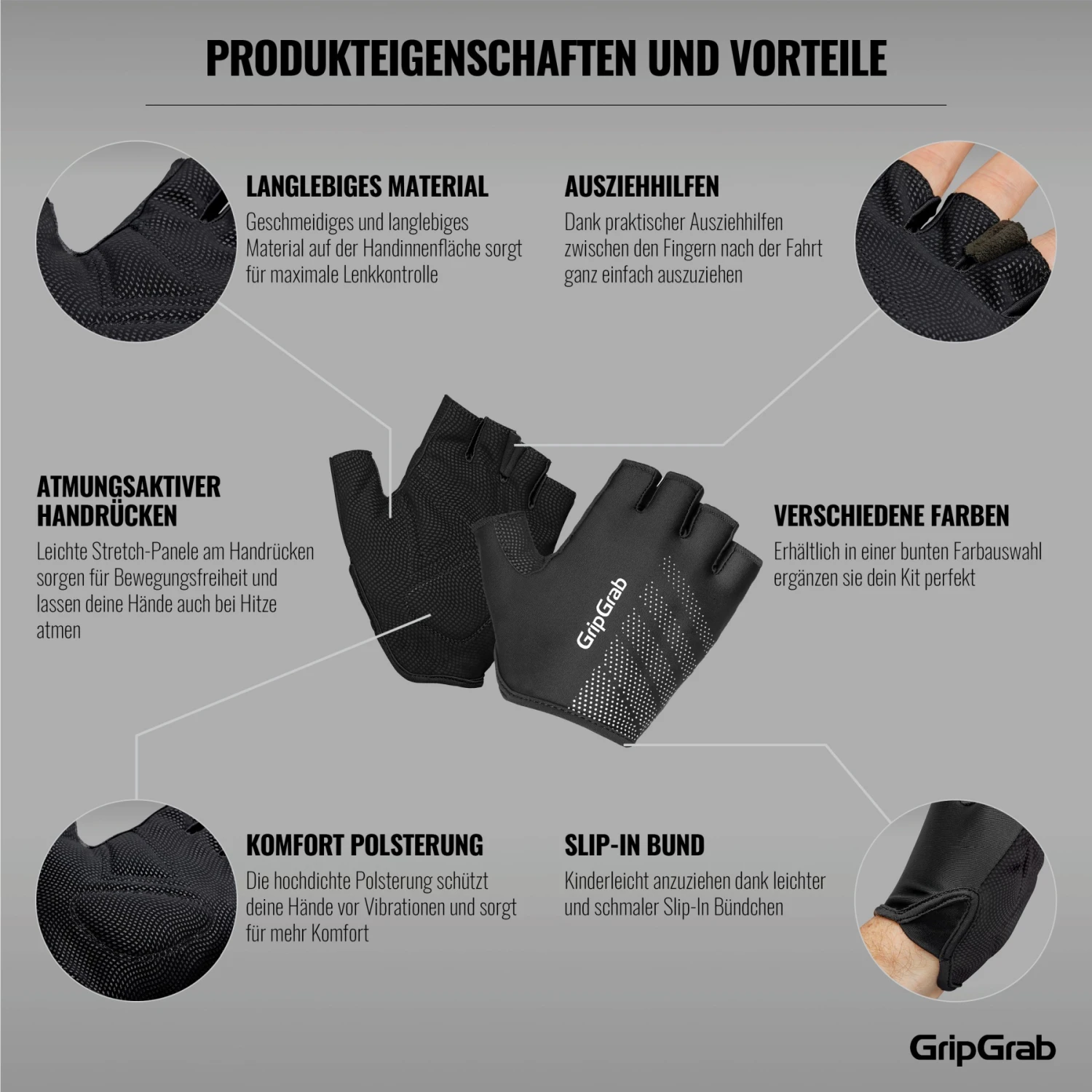 GripGrab Ride Leichte Gepolsterte Kurzfinger Handschuhe - Black 10 GripGrab Ride Leichte Gepolsterte Kurzfinger Handschuhe - Black – Bild 8