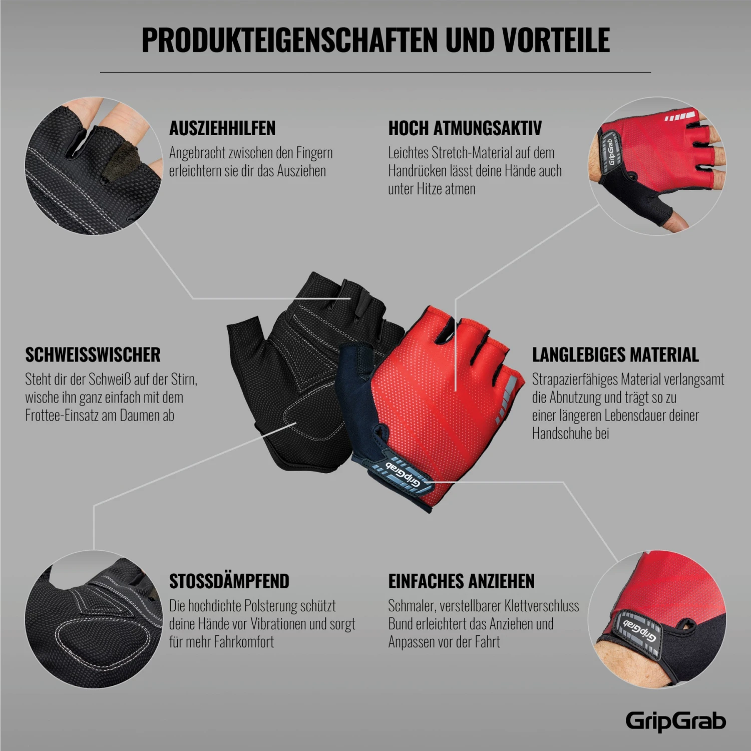 GripGrab Rouleur Gepolsterter Kurzfinger Handschuhe - Red 9 GripGrab Rouleur Gepolsterter Kurzfinger Handschuhe - Red – Bild 7