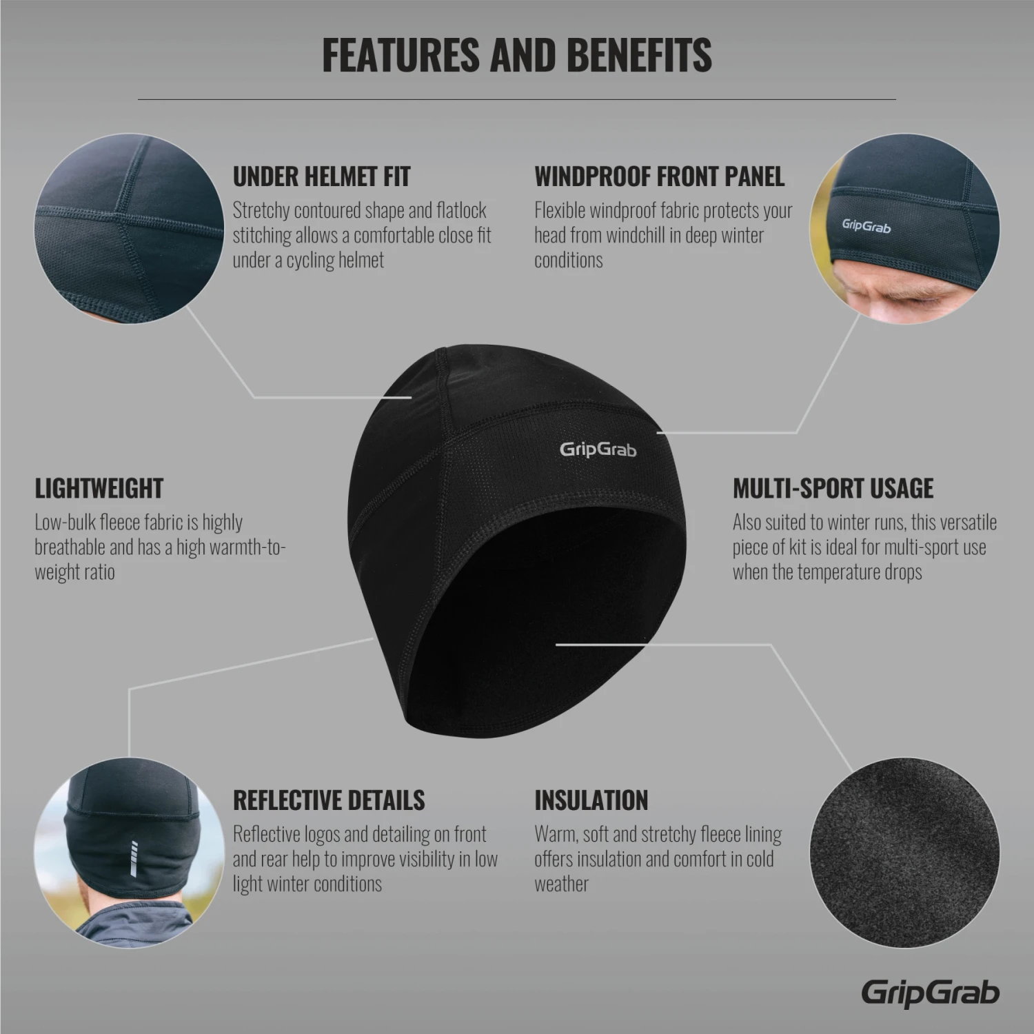 GripGrab Winddichte Leichte Thermal Unterhelm Mütze - Black 5 GripGrab Winddichte Leichte Thermal Unterhelm Mütze - Black – Bild 3