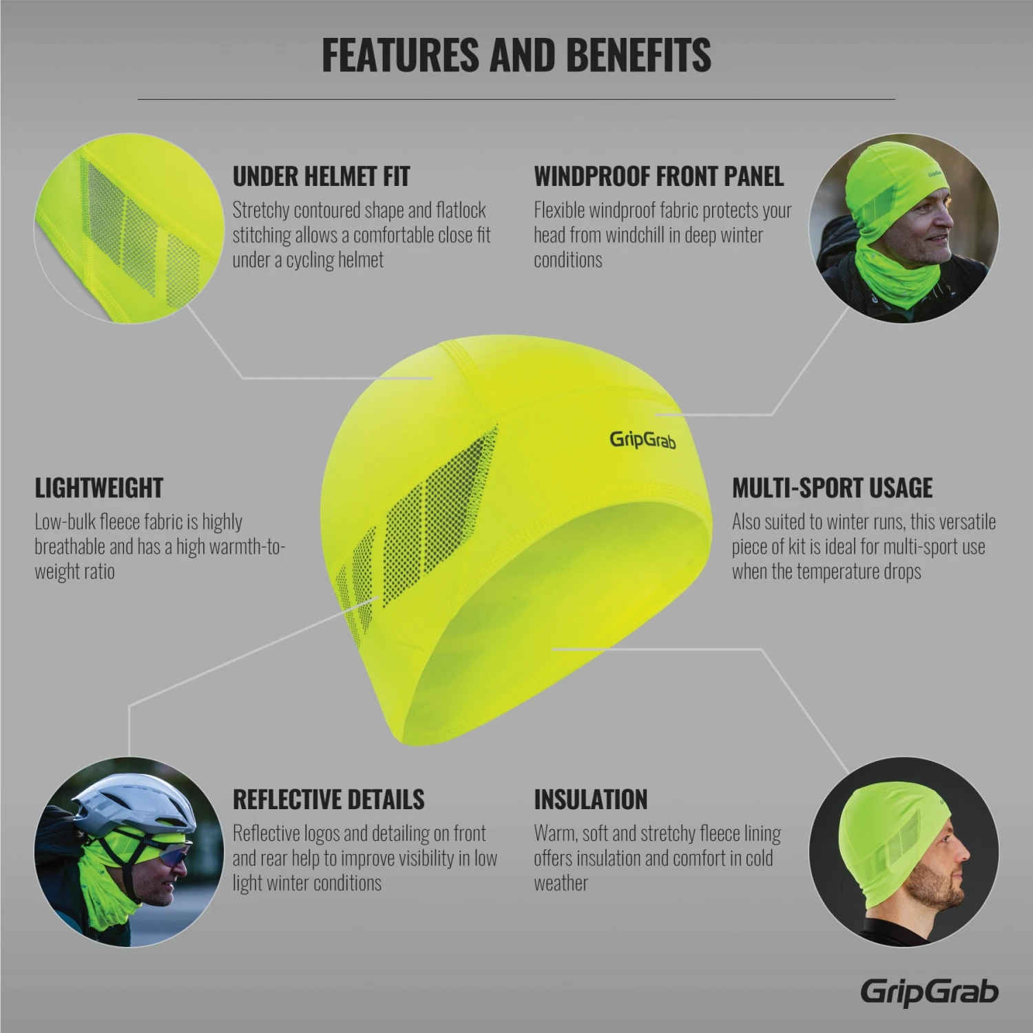 GripGrab Winddichte Leichte Thermal Hi-Vis Unterhelm Mütze - Yellow Hi-Vis 5 GripGrab Winddichte Leichte Thermal Hi-Vis Unterhelm Mütze - Yellow Hi-Vis – Bild 3