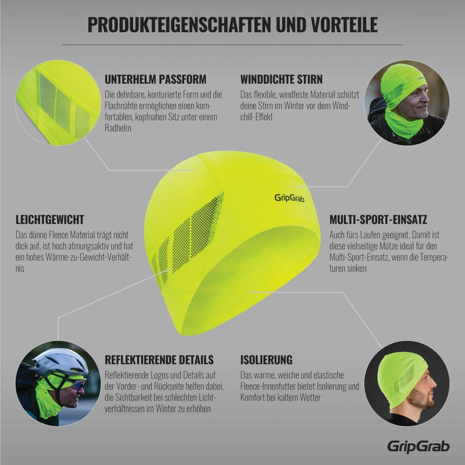 GripGrab Winddichte Leichte Thermal Hi-Vis Unterhelm Mütze - Yellow Hi-Vis 6 GripGrab Winddichte Leichte Thermal Hi-Vis Unterhelm Mütze - Yellow Hi-Vis – Bild 4
