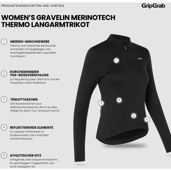 GripGrab Damen Gravelin Merinotech Thermo Langarmtrikot - Schwarz 12 GripGrab Damen Gravelin Merinotech Thermo Langarmtrikot - Schwarz – Bild 10