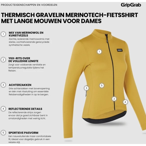 GripGrab Damen Gravelin Merinotech Thermo Langarmtrikot - Mustard Yellow 16 GripGrab Damen Gravelin Merinotech Thermo Langarmtrikot - Mustard Yellow – Bild 14